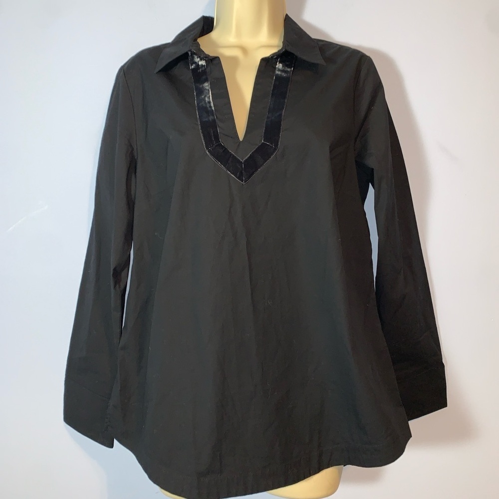 Vineyard Vines Black Blouse popover woven blouse tunic velvet Trim small NEW